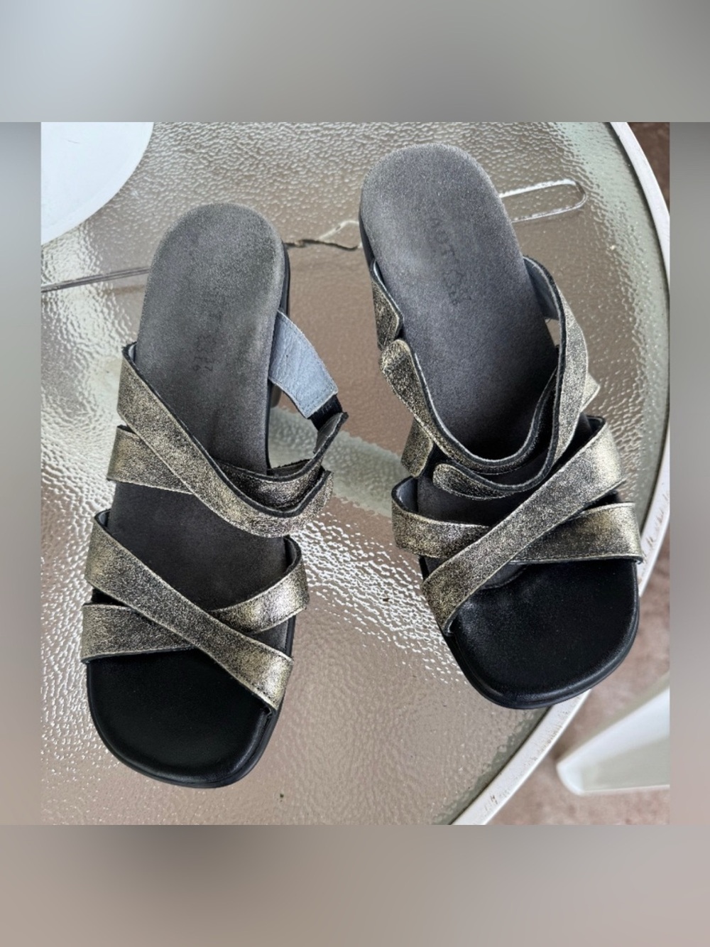 Naot Slip-on Mule Wedge Pewter Gold Metallic Sandals - Women's Size 7